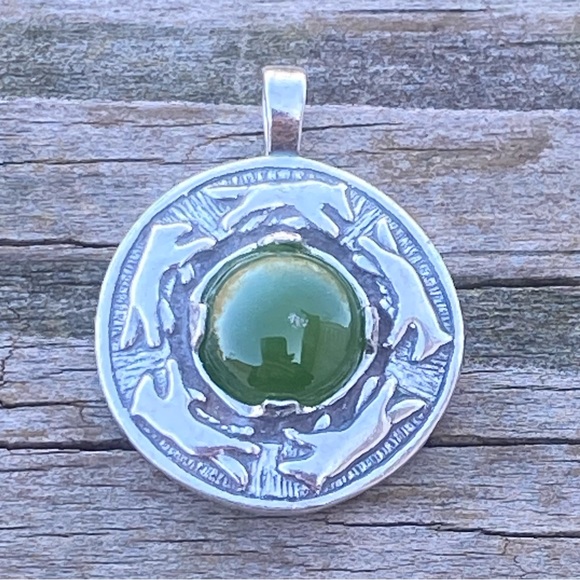 Wolf Dance Pendant .925 Sterling Silver w/ genuine Jade gem made in the USA - Picture 3 of 10